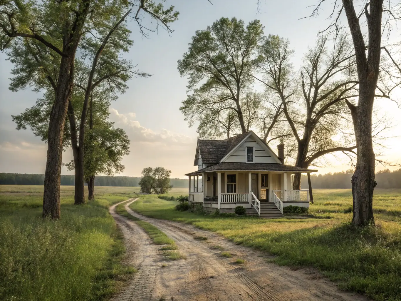 A picturesque farmhouse with a wrap-around porch, wooden siding, and a rustic charm, surrounded by a scenic landscape.